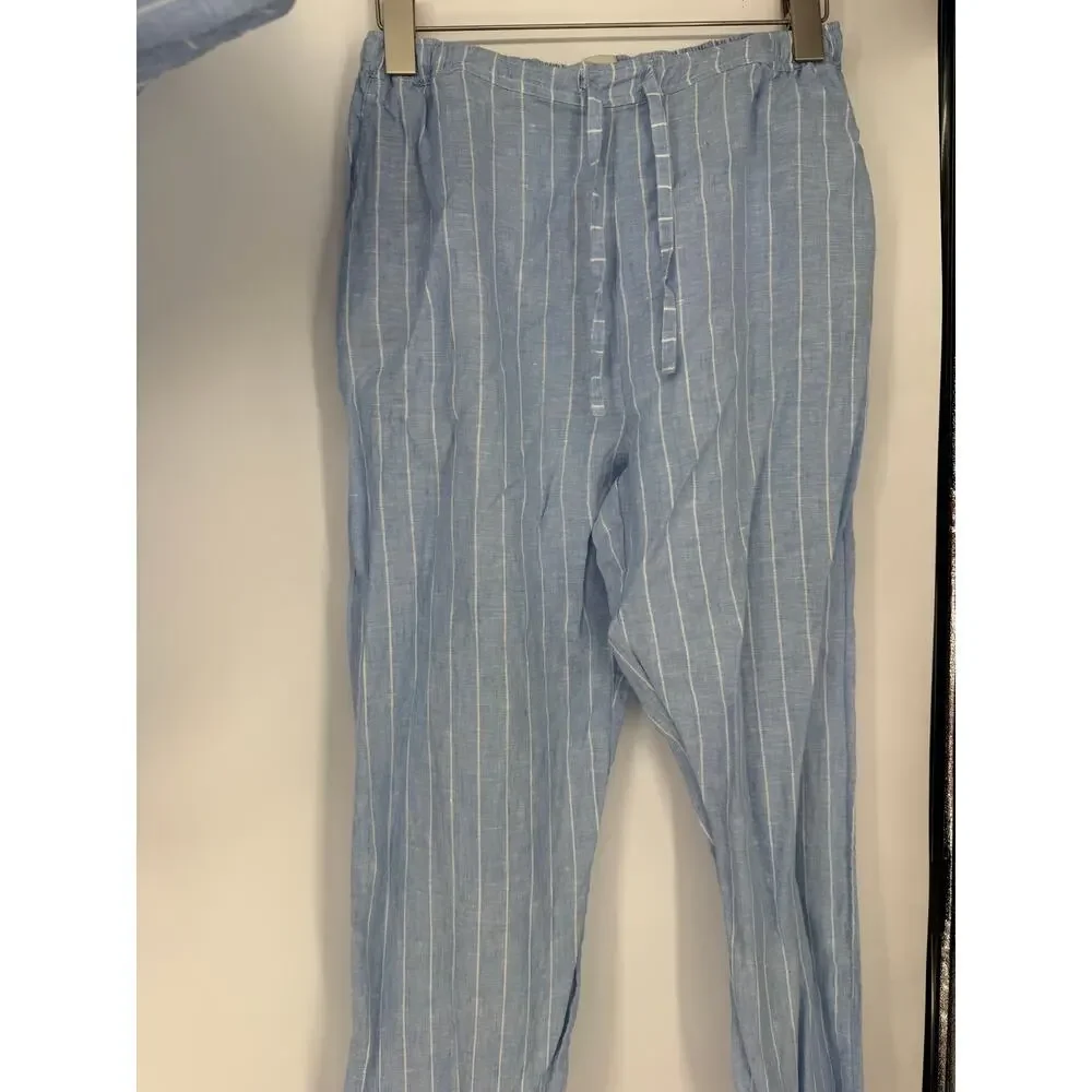 The Sleep Code Pajama Set Striped Linen Long PJ Blue White Size Small S